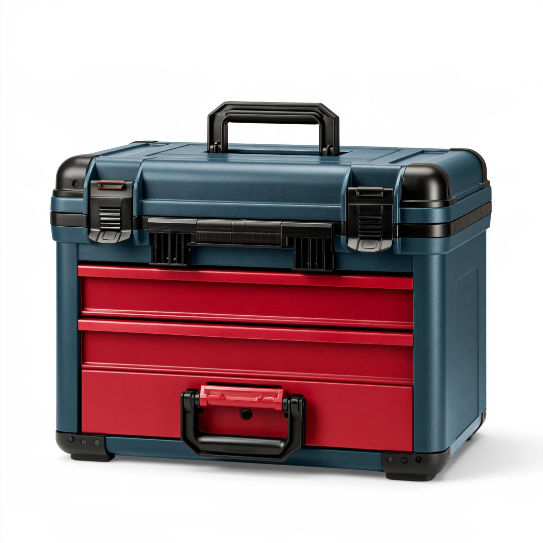 Coffre à outils 55 x 30 x 40 cm en plastique bleu et rouge avec tiroirs et poignées de transport