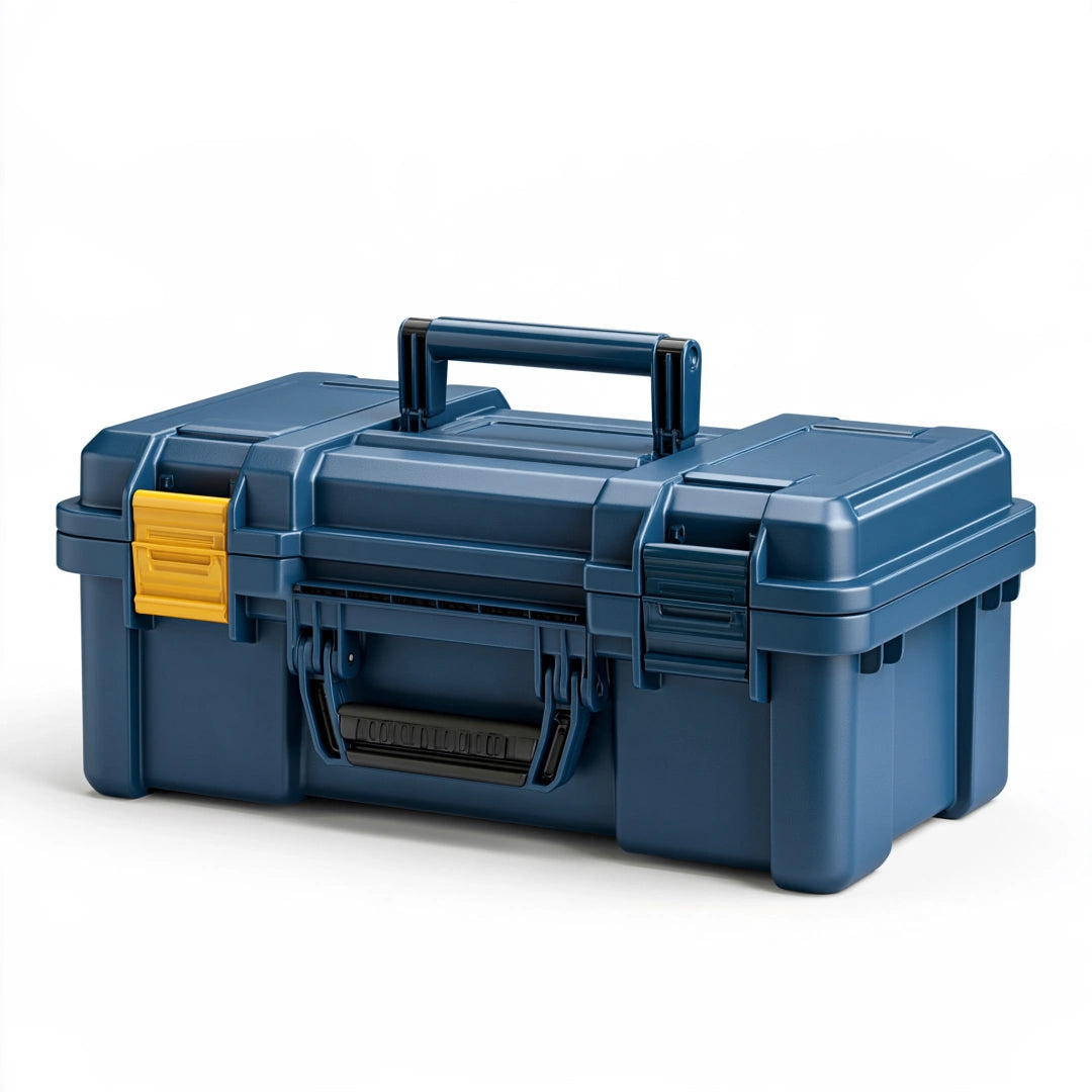 Boîte à outils 50 x 25 x 25 cm en plastique bleu marine jaune avec poignée de transport