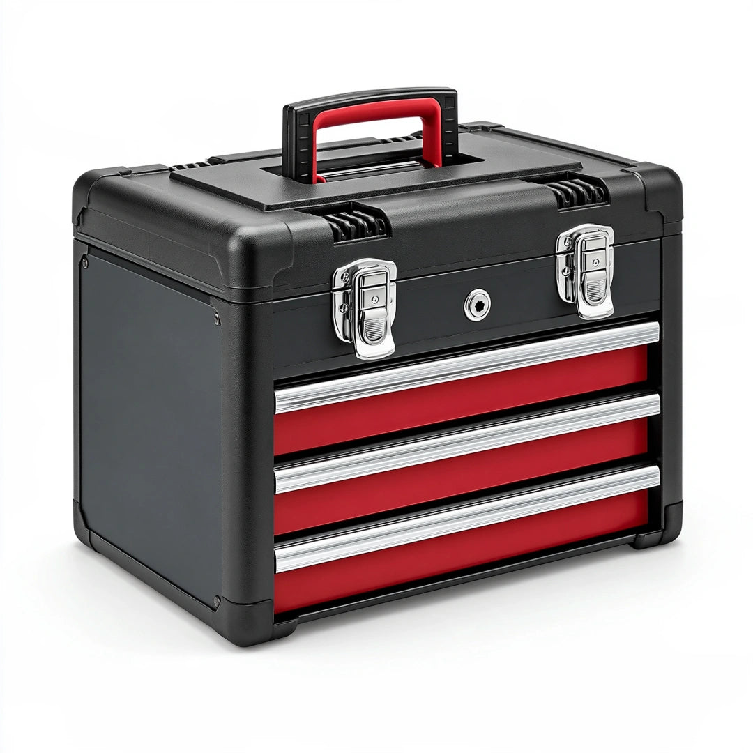 Boîte à outils 45 cm 25 cm 32 cm en plastique noir et rouge à 3 tiroirs portable