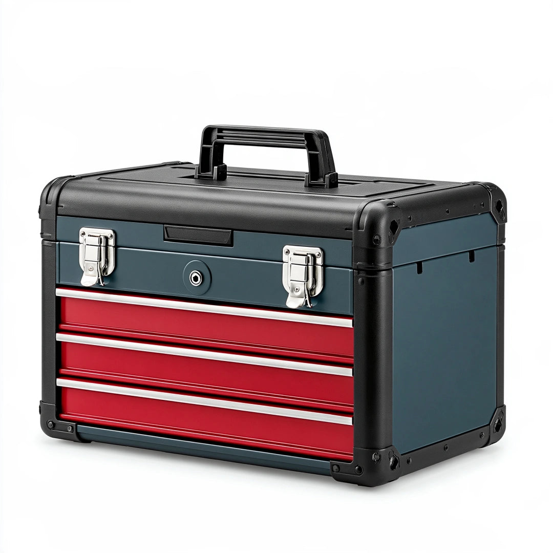 Coffre à outils 45 x 25 x 35 cm en métal bleu noir rouge avec tiroirs et poignée