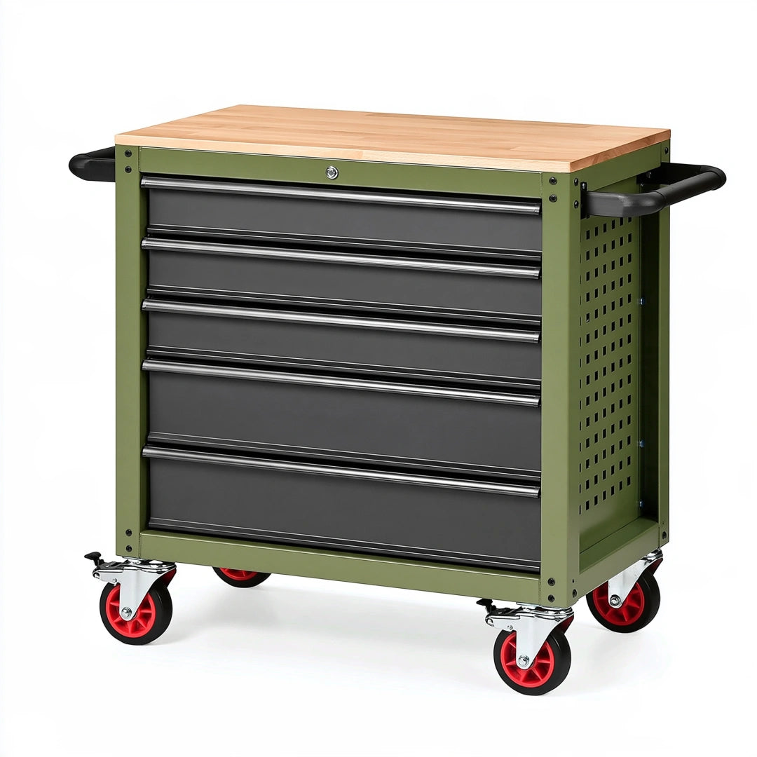 Servante d'atelier 85 x 46 x 96 cm en acier vert avec plateau en bois à 5 tiroirs mobile
