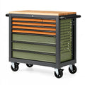 Établi roulant 100 x 50 x 95 cm en acier noir vert et orange avec plateau en bois et 9 tiroirs