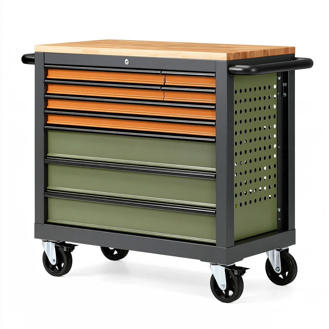 Établi roulant 100 x 50 x 95 cm en acier noir vert et orange avec plateau en bois et 9 tiroirs