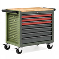 Chariot d'atelier 80 x 45 x 95 cm en acier vert avec plateau en bois et 7 tiroirs