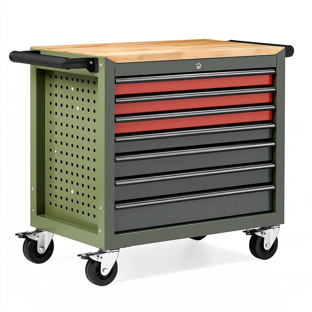 Chariot d'atelier 80 x 45 x 95 cm en acier vert avec plateau en bois et 7 tiroirs