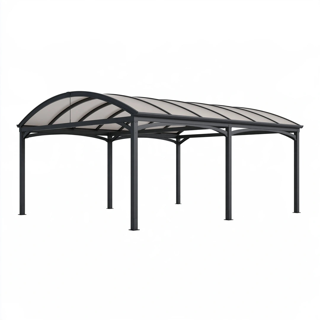 Abri voiture 600 x 300 cm en acier et polycarbonate gris anthracite avec toit cintré