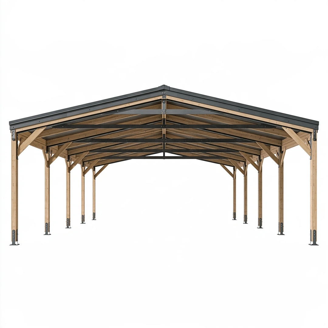 Abri voiture 600 x 300 cm en bois naturel et acier gris anthracite - toit à deux pans pour extérieur