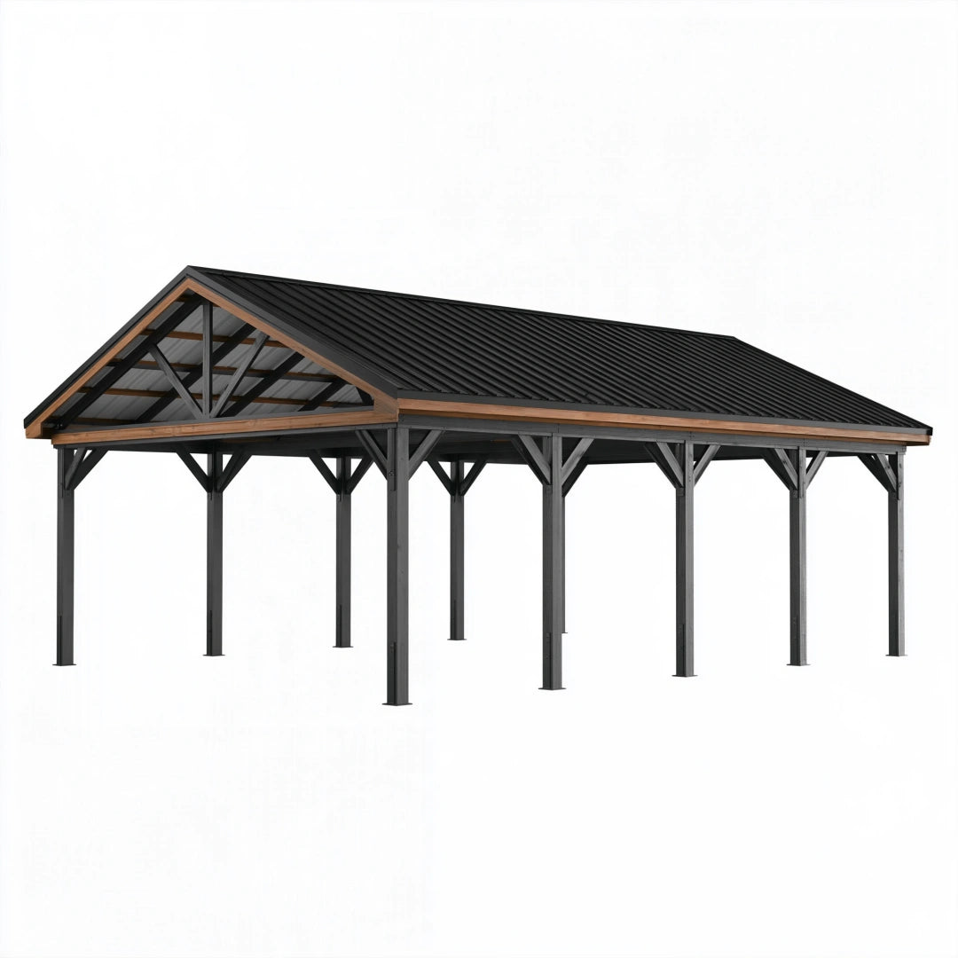 Carport 600 x 500 x 300 cm en acier noir avec toit à deux pans pour extérieur