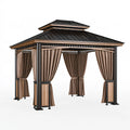 Pavillon de jardin 400 x 300 x 330 cm en métal noir et marron avec rideaux