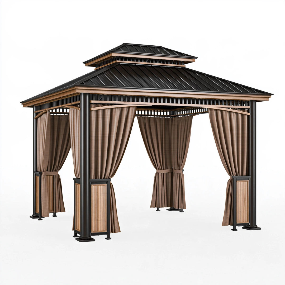 Pavillon de jardin 400 x 300 x 330 cm en métal noir et marron avec rideaux
