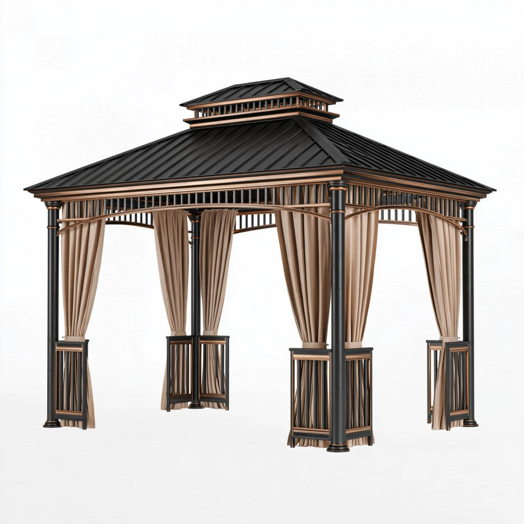 Tonnelle de jardin 300 x 300 cm en métal noir avec rideaux beiges style pavillon