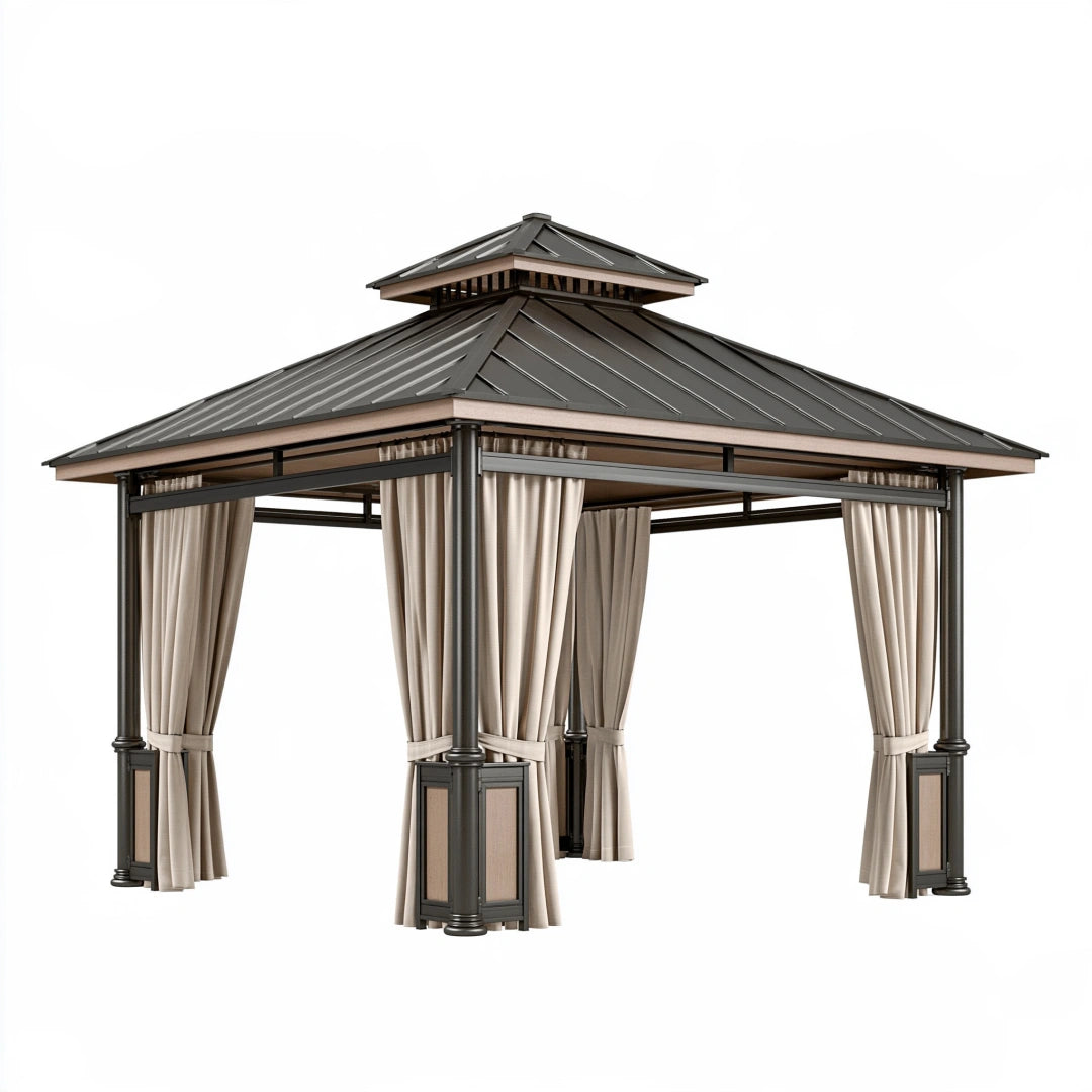 Tonnelle de jardin 300 x 300 x 300 cm en métal noir et beige avec toit rigide et rideaux