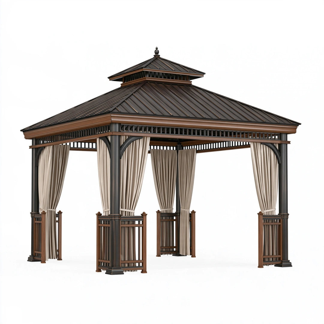 Tonnelle de jardin 300 x 300 cm en métal brun noir avec rideaux beiges style classique