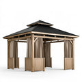 Pavillon de jardin 400 x 400 cm en bois beige avec toit métallique noir et rideaux