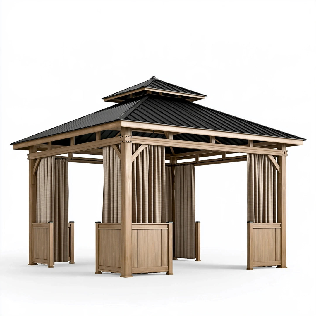 Pavillon de jardin 400 x 400 cm en bois beige avec toit métallique noir et rideaux