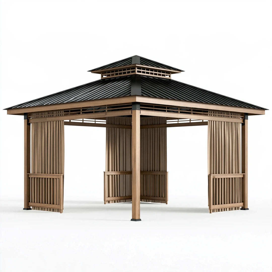 Tonnelle de jardin 300 x 300 x 300 cm en bois brun et métal noir avec toit pyramidal