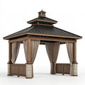 Pavillon de jardin 400 x 300 cm en bois brun avec toit métallique noir et rideaux beiges