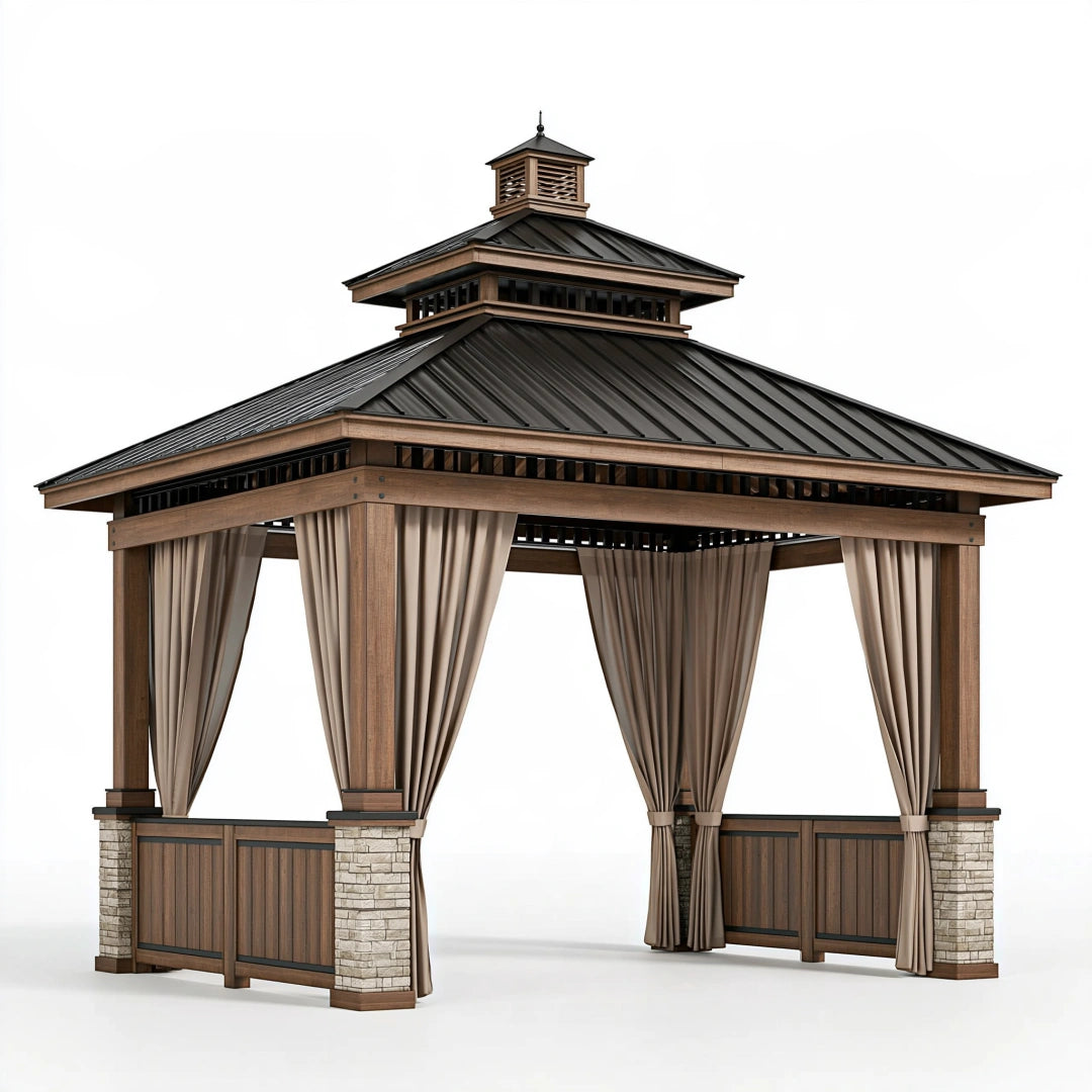 Pavillon de jardin 400 x 300 cm en bois brun avec toit métallique noir et rideaux beiges
