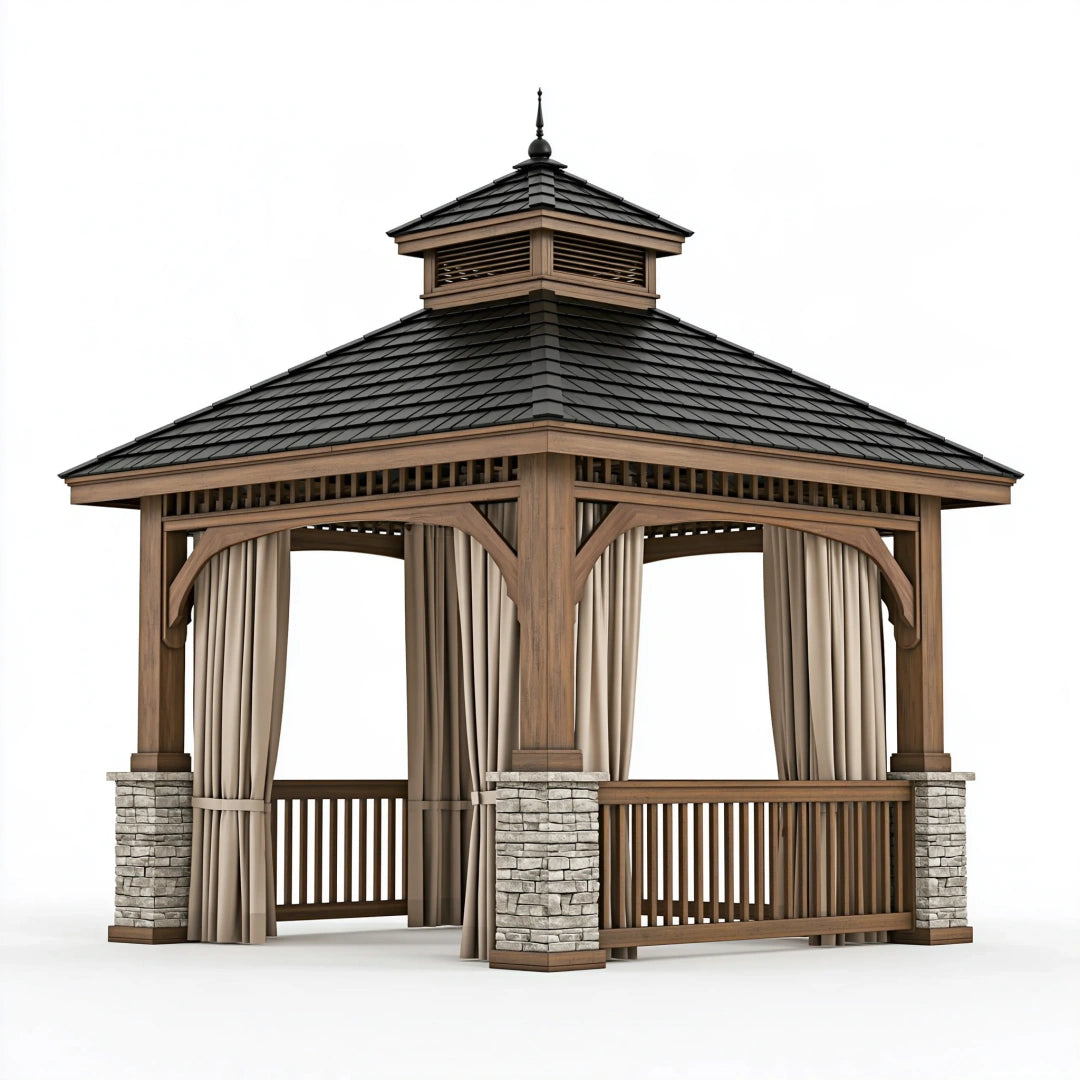 Tonnelle de jardin 300 x 300 x 360 cm en bois brun avec toit noir et rideaux style classique