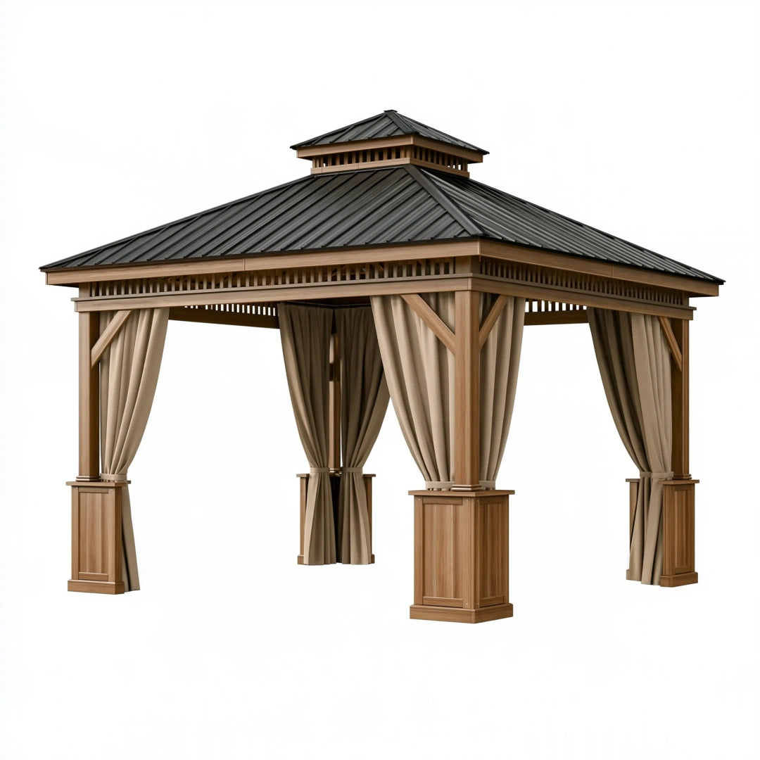 Pavillon de jardin 300 x 300 x 320 cm en bois marron avec toit en métal et rideaux