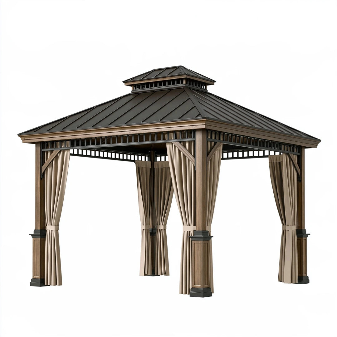 Tonnelle de jardin 300 x 300 x 300 cm en métal brun avec rideaux style pavillon
