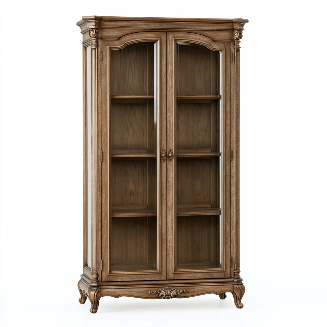 Vitrine 110 x 45 x 200 cm en bois brun avec portes vitrées style classique