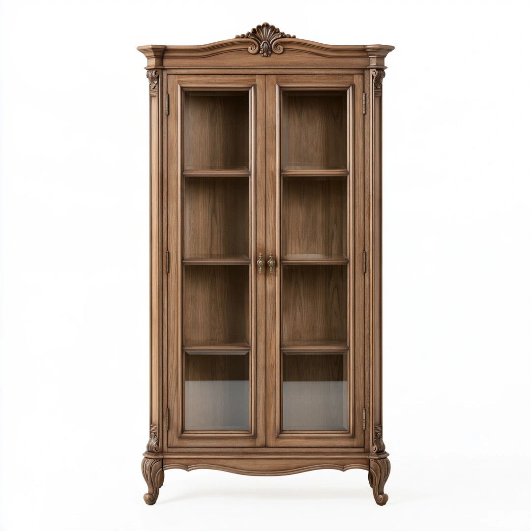 Vitrine 100 x 45 x 210 cm en bois brun avec portes vitrées style classique