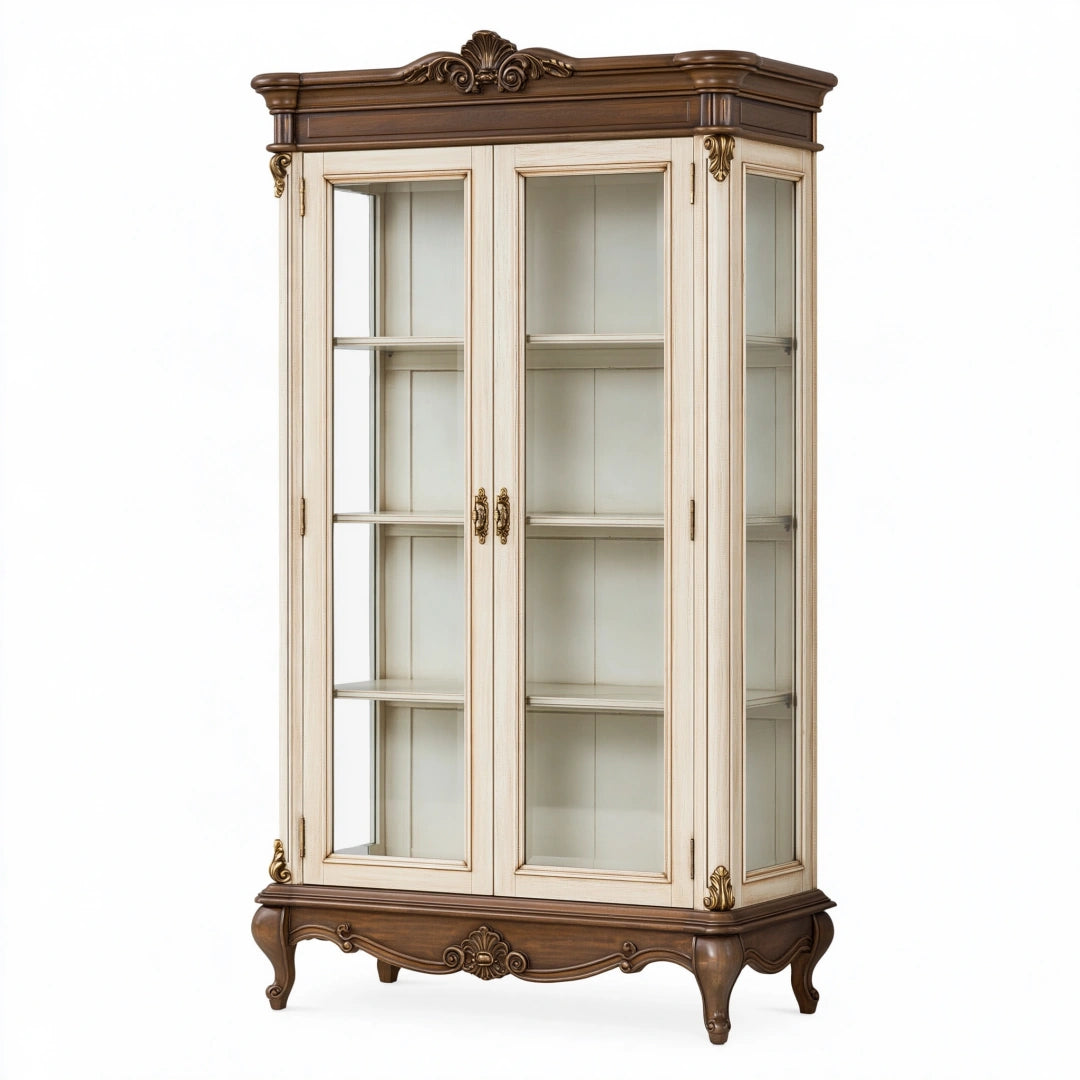 Vitrine 110 x 45 x 210 cm en bois et verre crème marron style classique