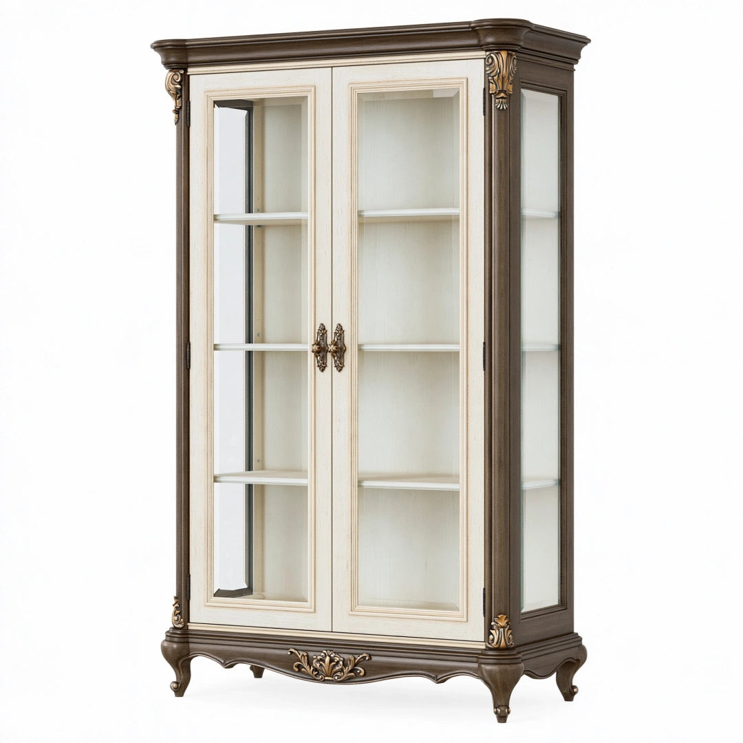 Vitrine 110 x 45 x 190 cm en bois et verre blanc brun style classique