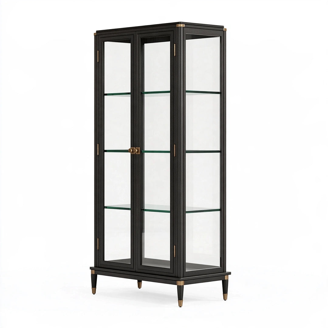 Vitrine 80 x 40 x 180 cm en verre et bois noir pour rangement style classique