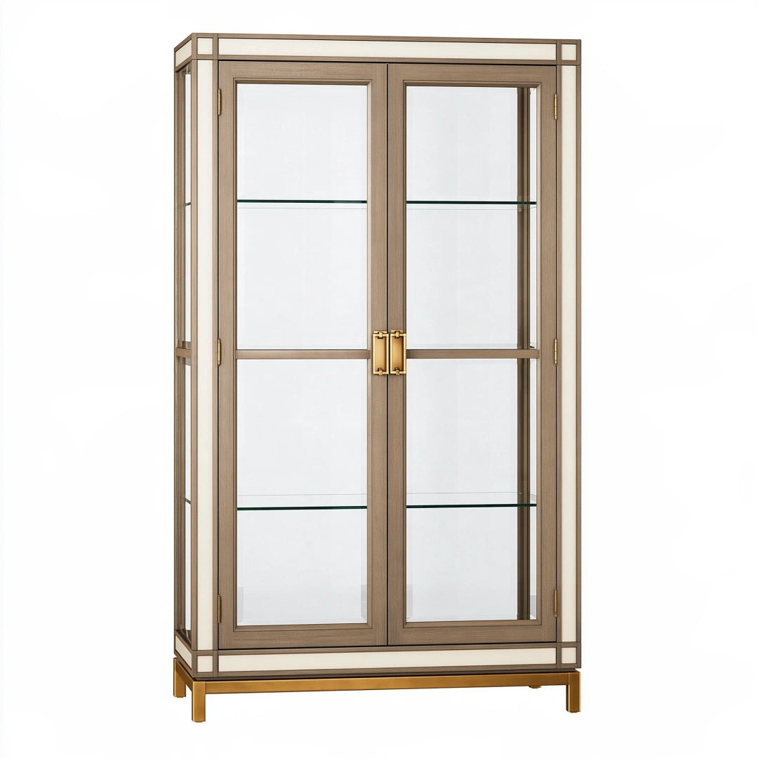 Vitrine 100 x 45 x 200 cm en verre et bois marron style contemporain à 2 portes