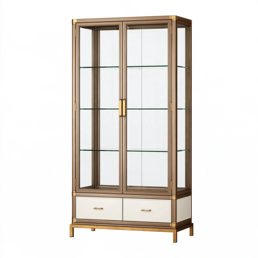 Vitrine 90 x 40 x 190 cm en verre et métal bronze avec tiroirs style classique