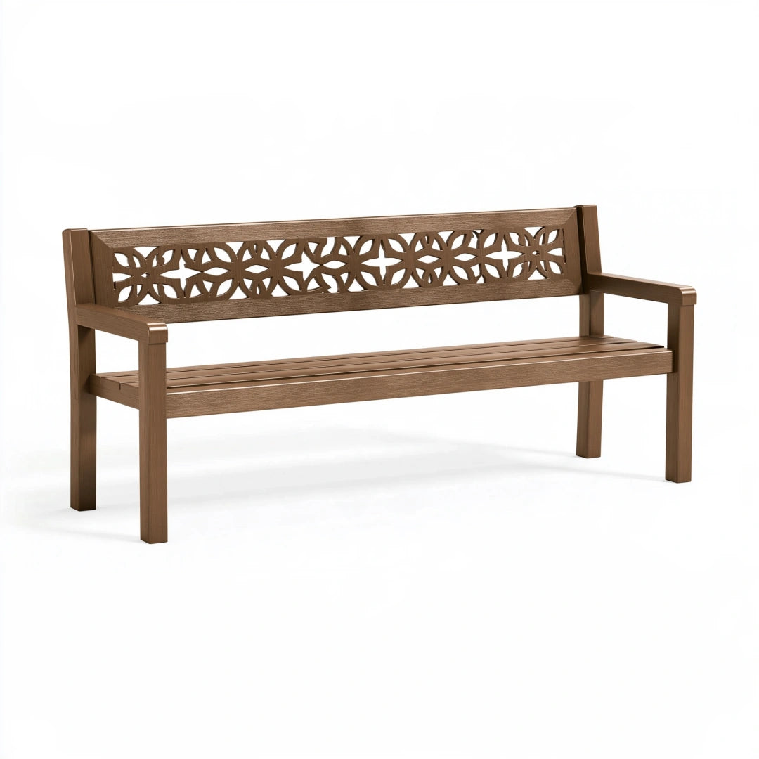 Banc de jardin 120 x 60 x 85 cm en plastique brun à dossier ajouré style classique