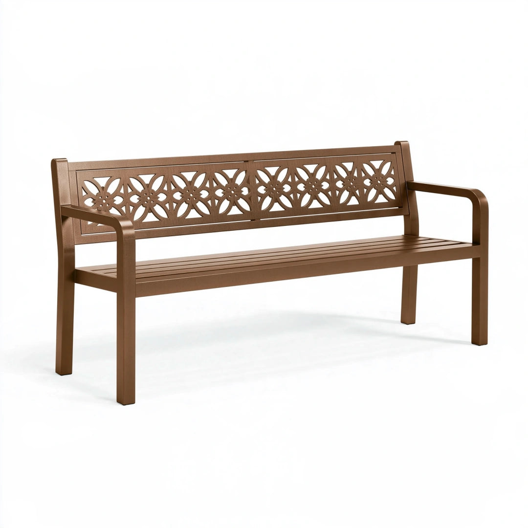 Banc de jardin 122 x 61 x 88 cm en acier brun style floral avec accoudoirs