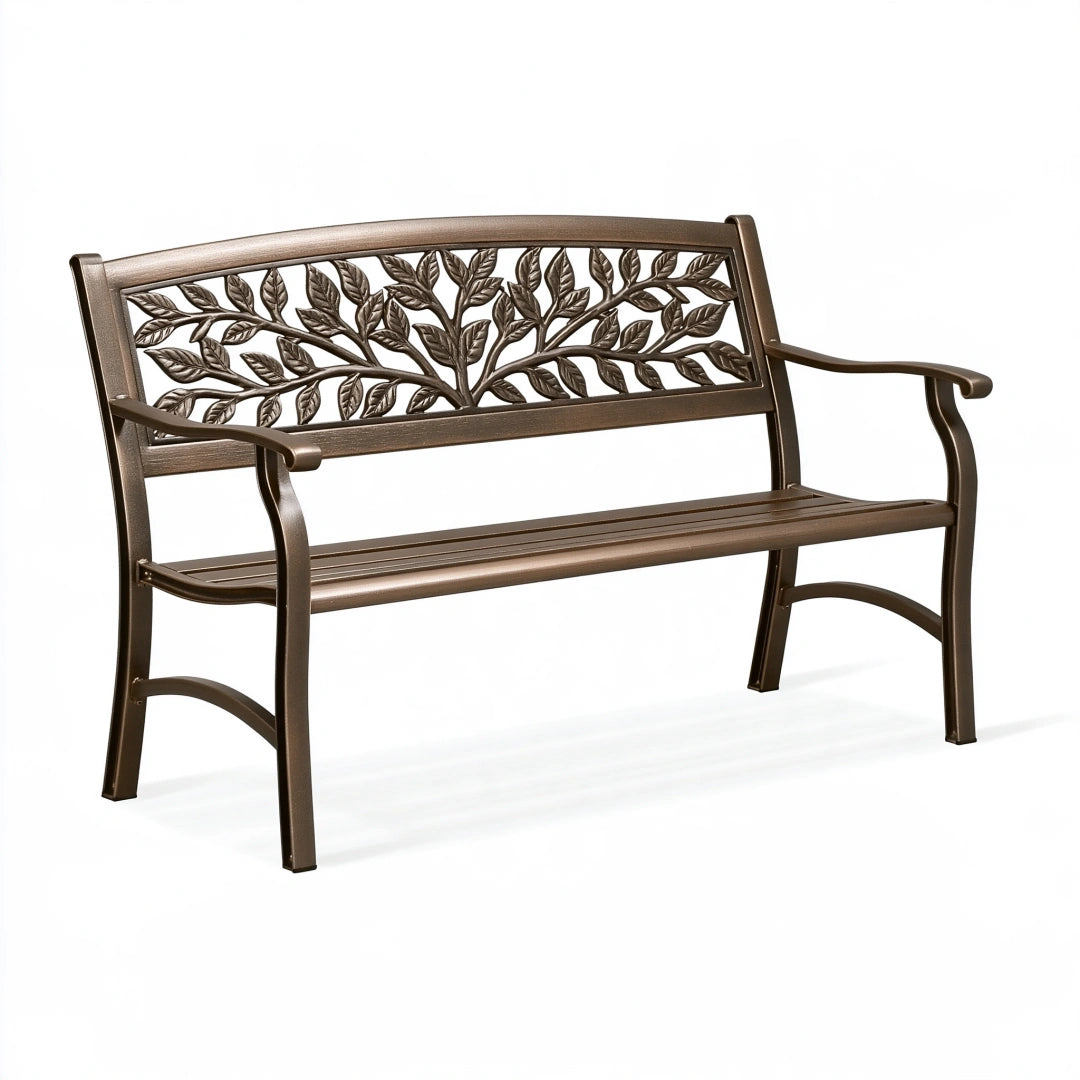 Banc de jardin 127 x 61 x 88 cm en métal brun bronze à motif feuilles avec accoudoirs