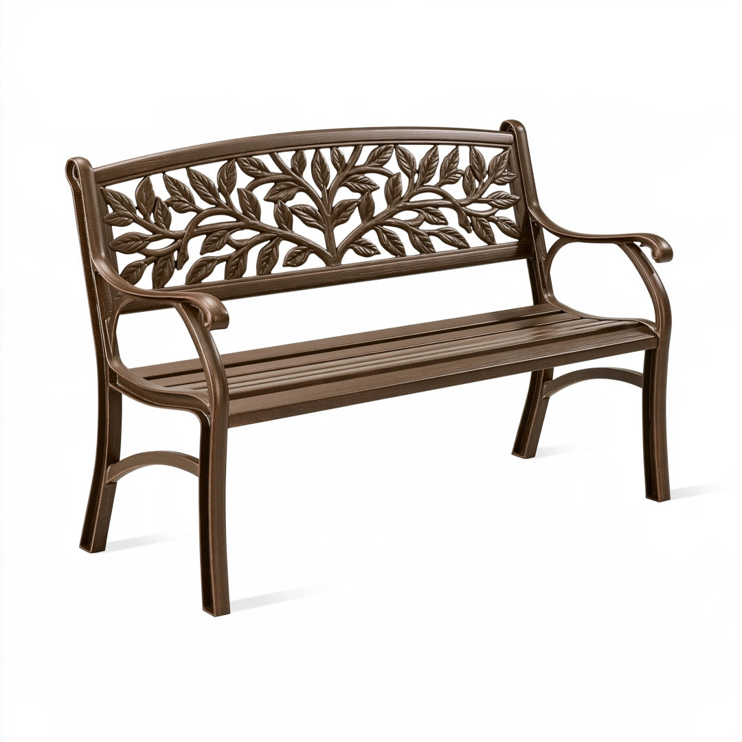 Banc de jardin 122 x 60 x 88 cm en métal marron style classique à motif feuillage