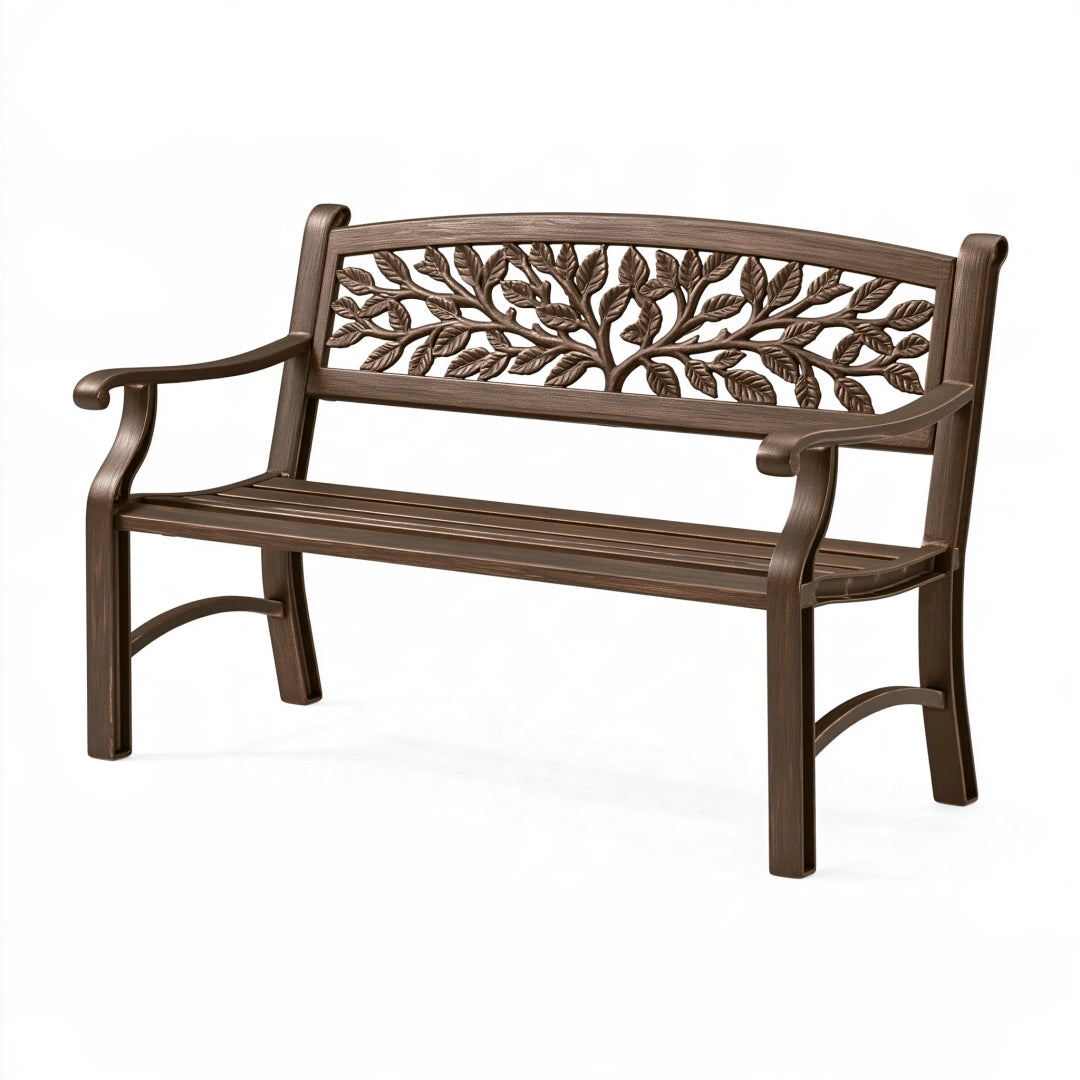 Banc de jardin 120 x 60 x 85 cm en plastique brun 2 places décor feuillage
