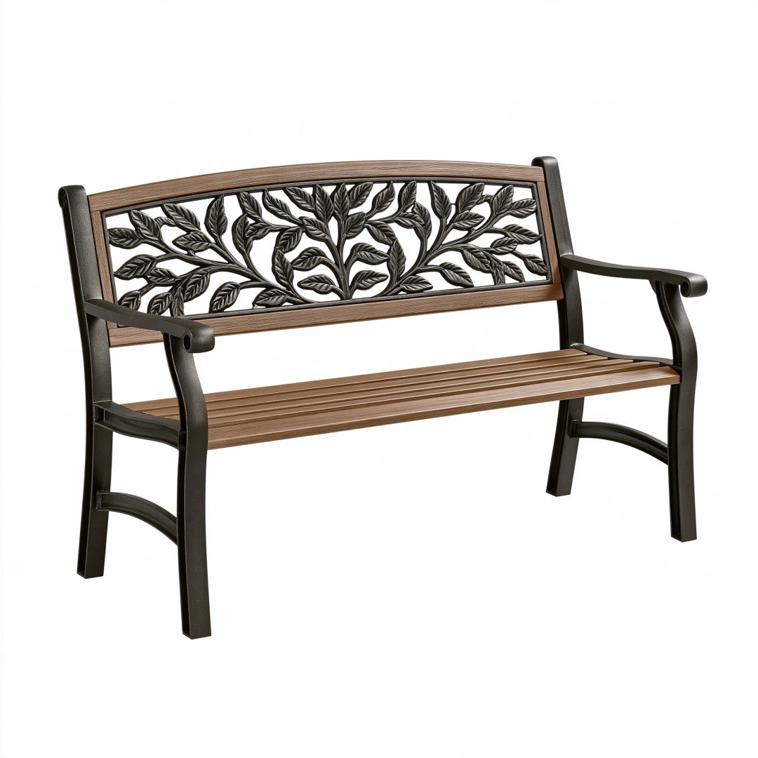 Banc de jardin 125 x 60 x 85 cm en métal brun noir avec dossier ajouré feuilles